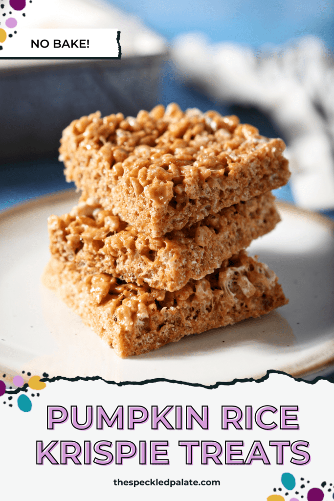 A stack of three orange rice krispie treats on a white plate with the text Pumpkin Rice Krispie Treats