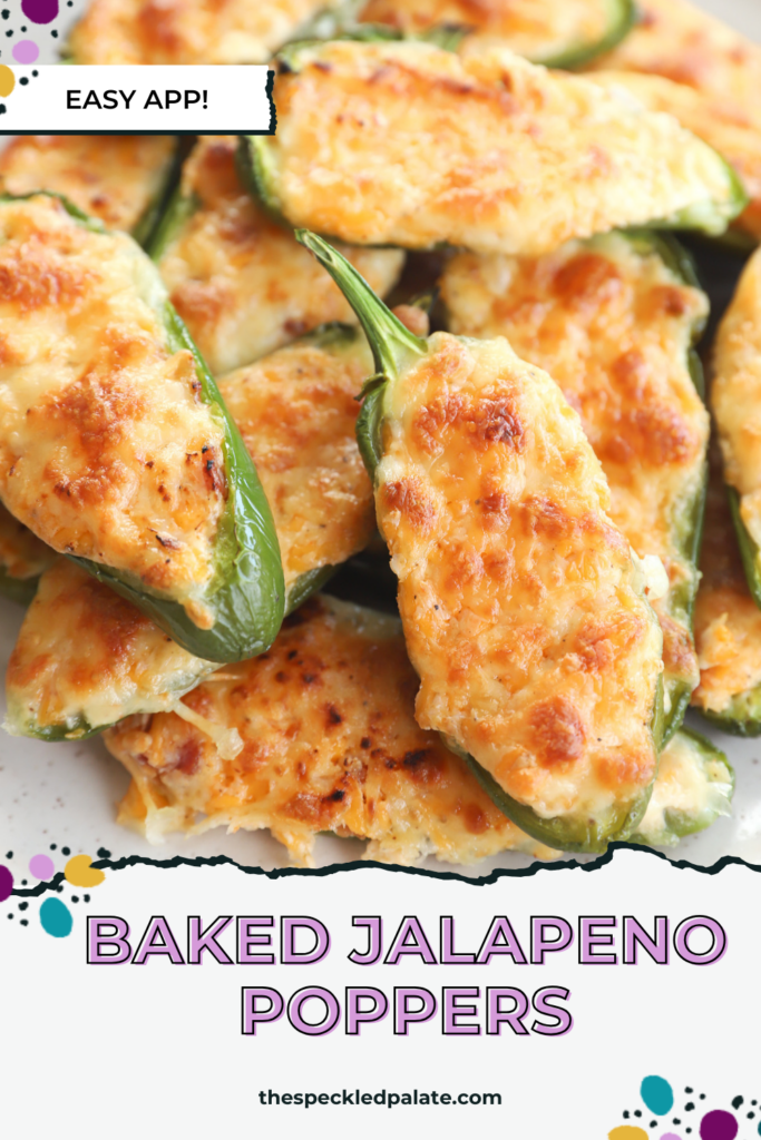 A white platter of jalapeno poppers from above with the text baked jalapeno poppers