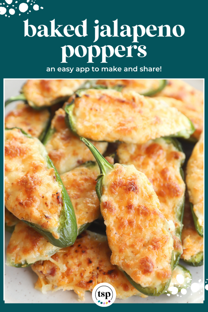 A small plate holds three jalapeno poppers next to a larger platter of poppers on a blue surface with the text baked jalapeno poppers an easy app to make and share