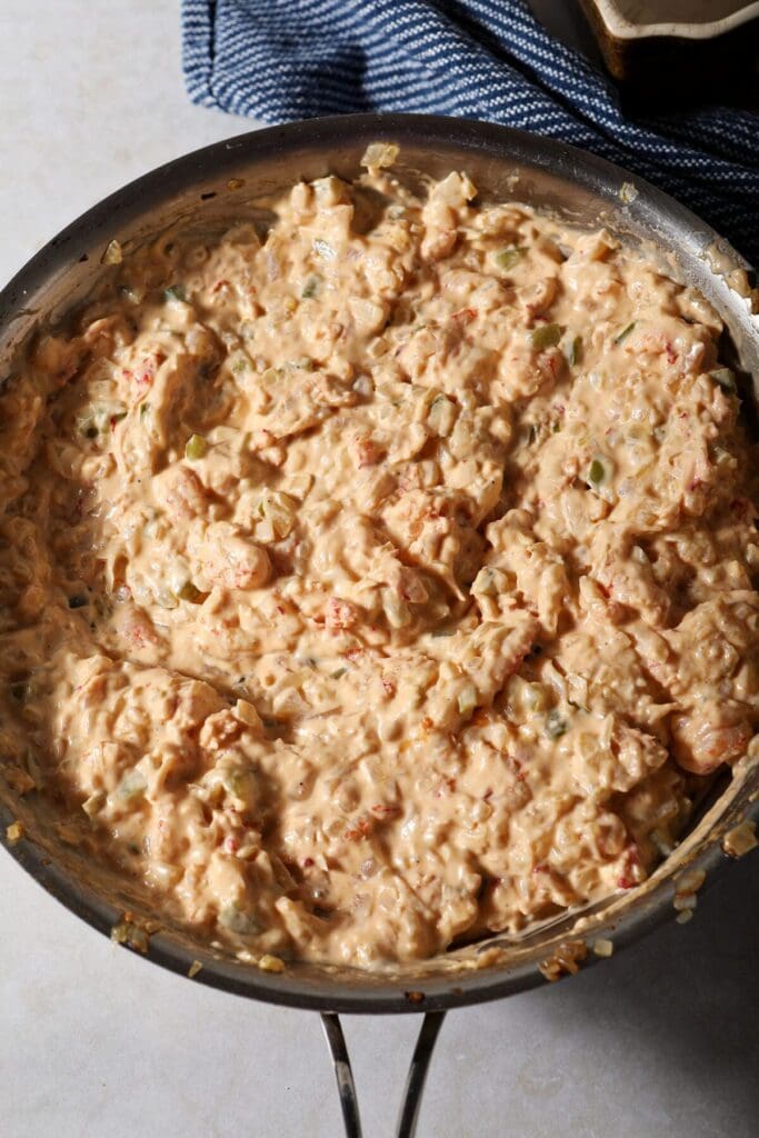 Crawfish dip in a skillet after mixing