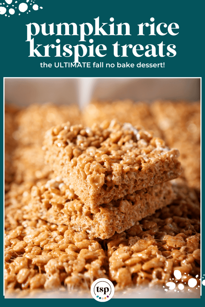 Two Rice Krispie treats stacked on top of each other on top of a pan of others with the text pumpkin rice krispie traes the ultimate fall no bake treat