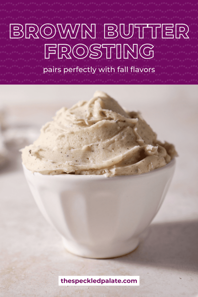 pinterest graphic of a bowl of brown butter frosting