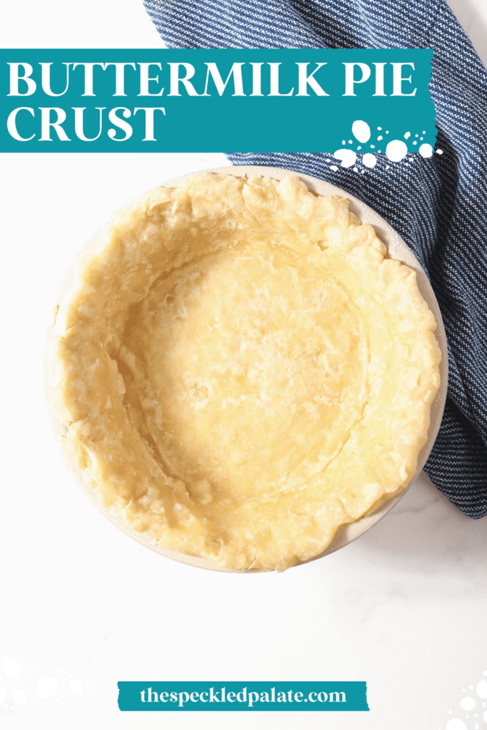 Close up of a blind baked pie crust with the text buttermilk pie crust