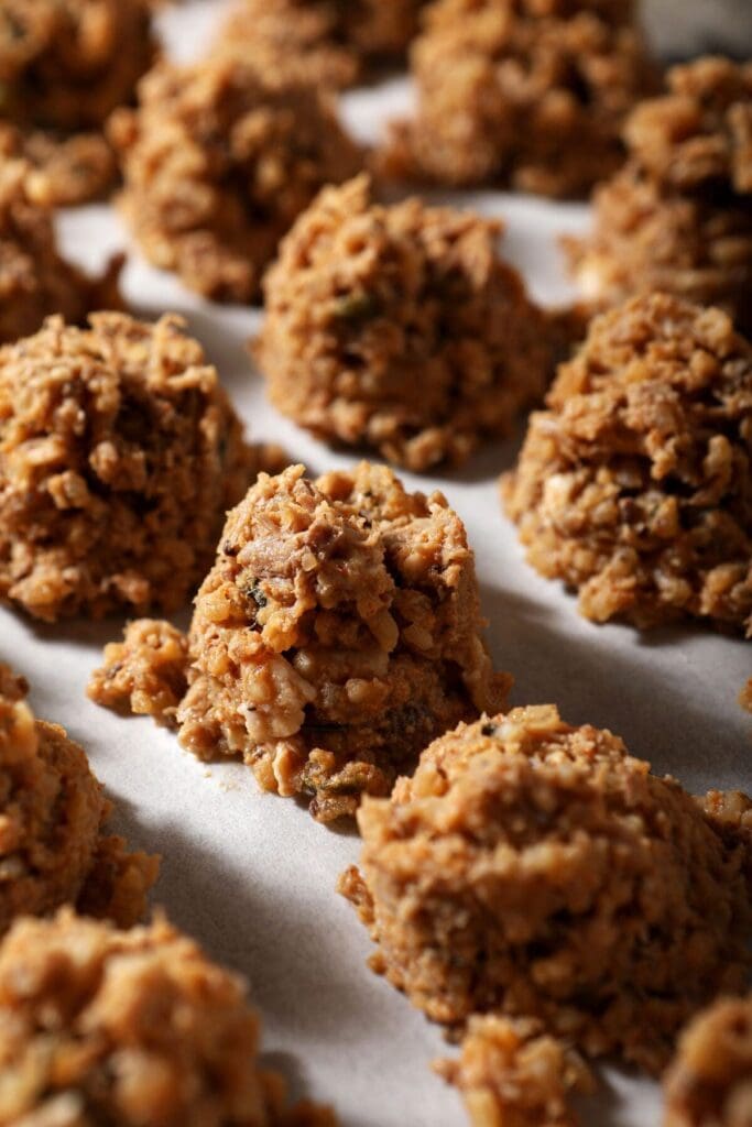 Boudin balls on a sheet pan before freezing