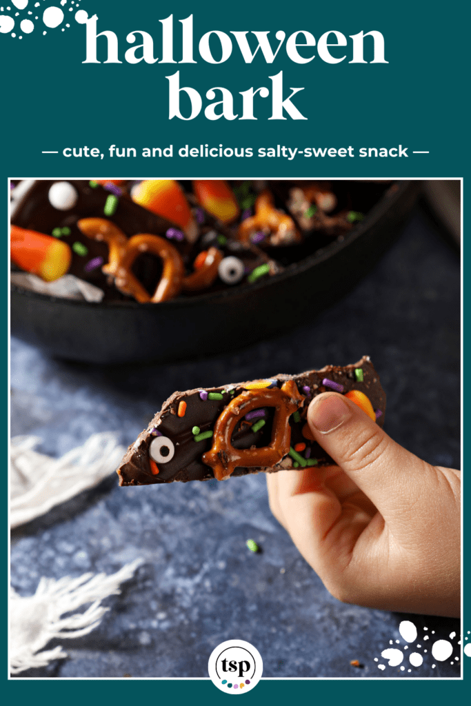 a hand holds a rectangular slice of chocolate bark with the text halloween bark cute fun and delicious salty-sweet snack