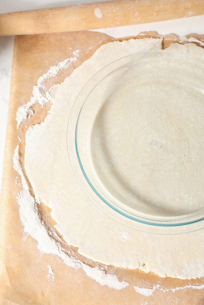 A glass pie plate sits on top of rolled out pie crust