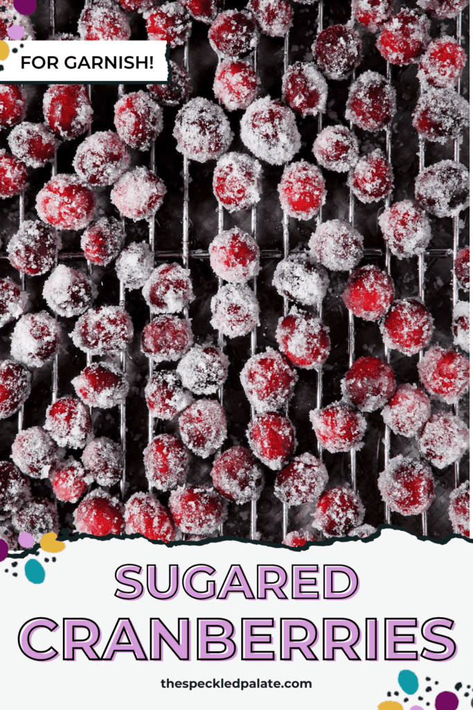 Sugar coated cranberries on a wire rack with the text sugared cranberries