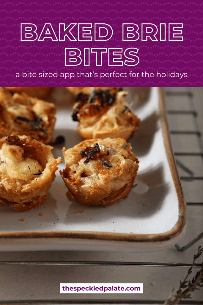 Baked brie bites on a white serving platter with the text baked brie bites a bite sized app that's perfect for the holidays