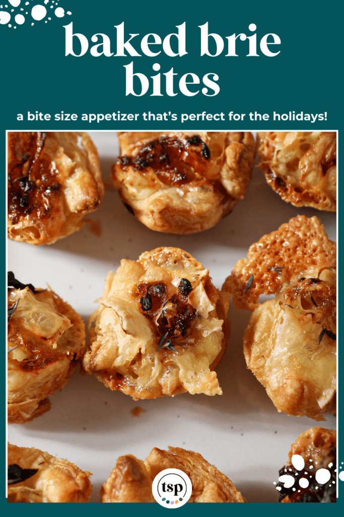 Close up of baked brie bites on a white platter from above with the text baked brie bites a bite size appetizer that's perfect for the holidays