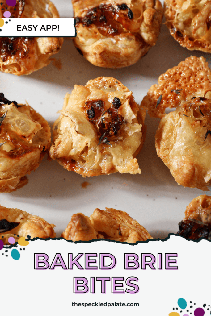 Close up of baked brie bites on a white platter from above with the text baked brie bites