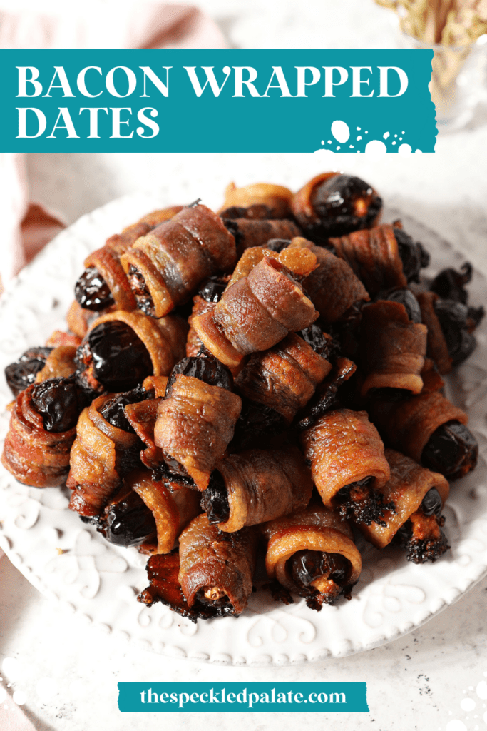 A platter of bacon wrapped dates with a pink linen and a container of toothpicks with the text bacon wrapped dates