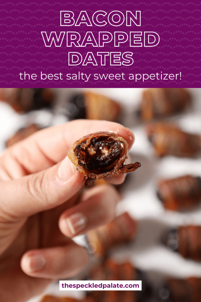 A hand holds a bitten-into bacon wrapped date above a platter of more dates with the text bacon wrapped dates the best salty sweet appetizer