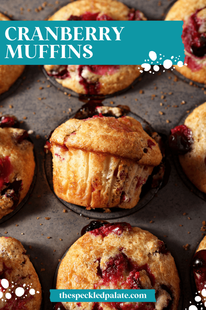 Cranberry muffins in a muffin tin after baking, with one muffin turned on its side with the text Cranberry Muffins