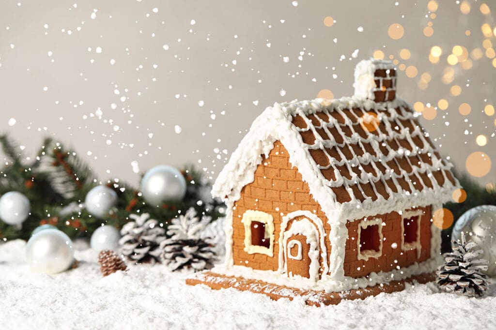 a beautiful gingerbread house decorated with white icing on snow with sparkles