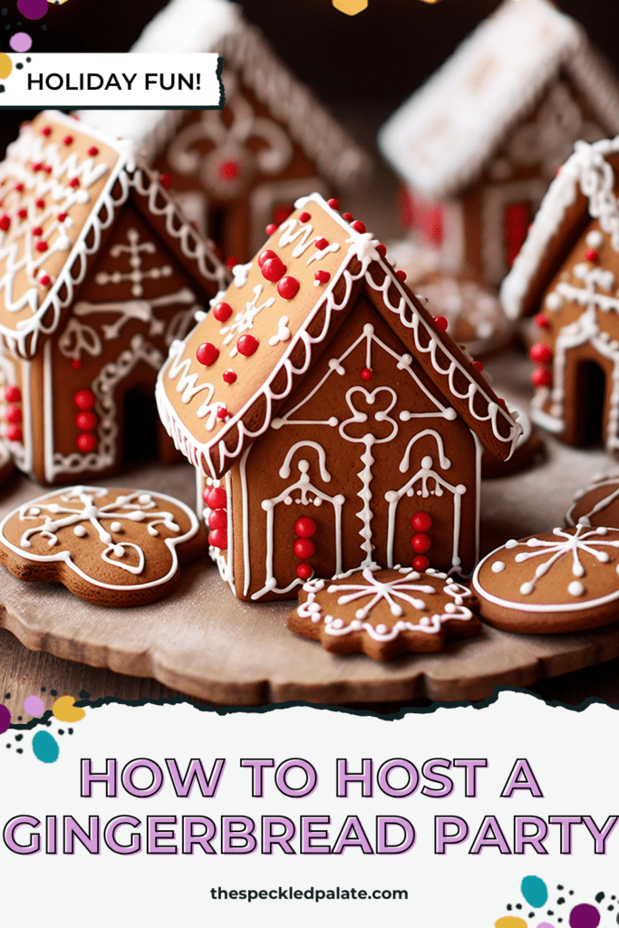 several gingerbread houses decorated with red and white icing on a wooden platter with the text how to host a gingerbread party