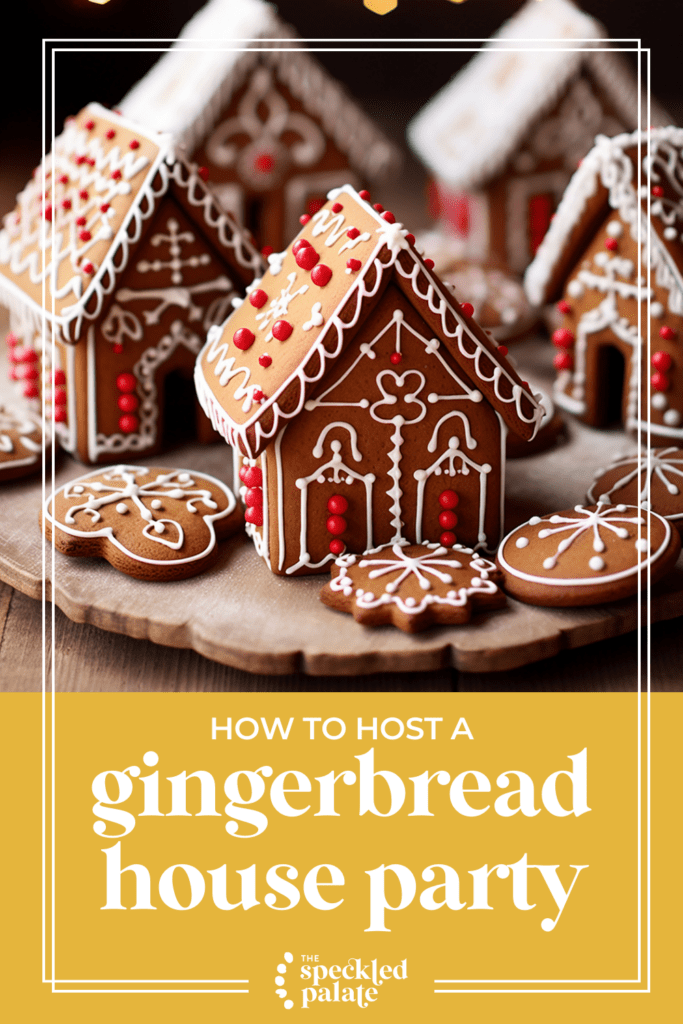 several gingerbread houses decorated with red and white icing on a wooden platter with the text how to host a gingerbread house party