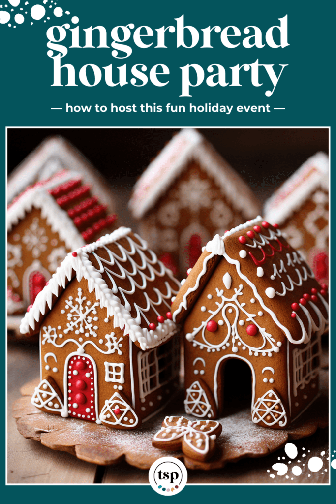 several gingerbread houses decorated with red and white icing on a wooden platter with the text gingerbread house party, how to host this fun holiday event