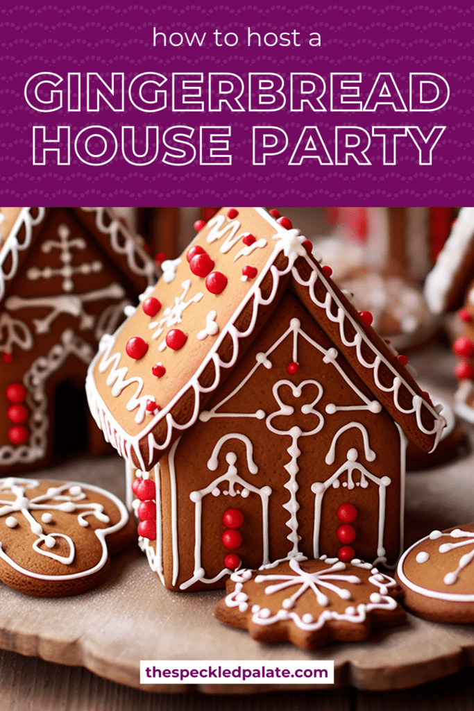 close up of several gingerbread houses decorated with red and white icing on a wooden platter with the text how to host a gingerbread house party