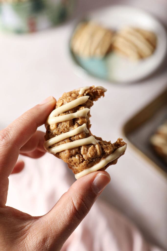 A bitten-into Oatmeal Cookie held in a hand above a stone surface with a plate of cookies