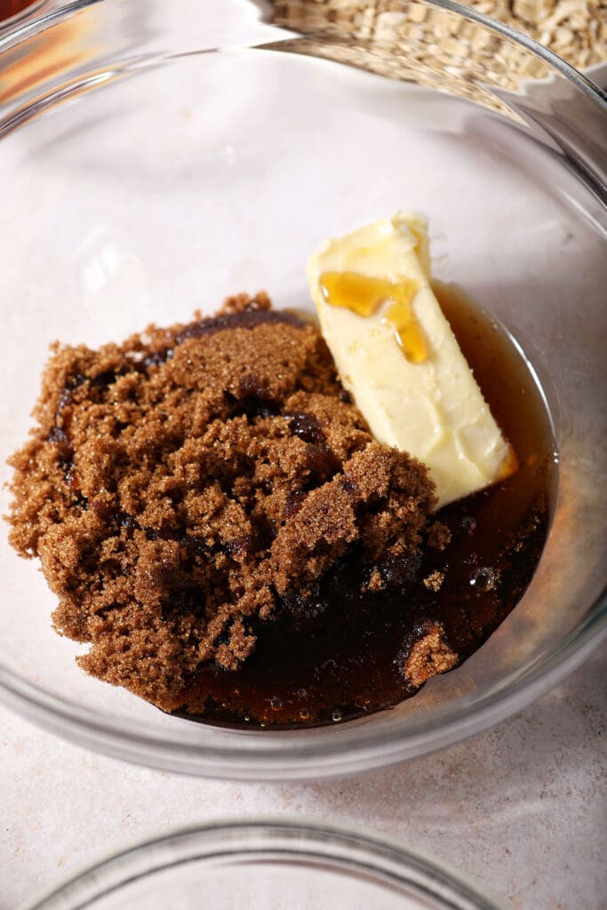 Brown sugar, maple syrup and softened butter in a bowl