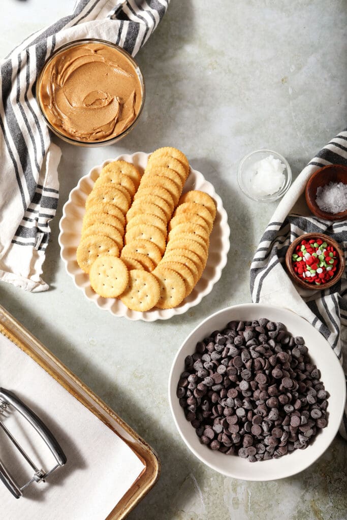 Ingredients to make Ritz Cookies on plates and bowls on a green surface