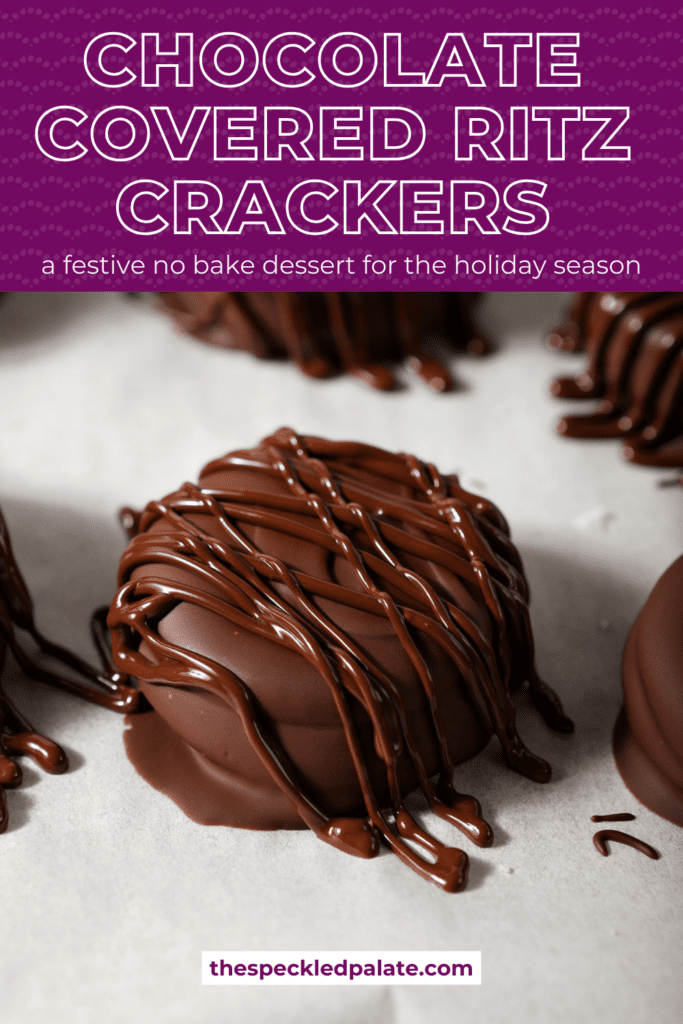 Drizzled chocolate on top of Chocolate Covered Ritz Crackers on a parchment-lined sheet pan with the text chocolate covered ritz crackers a festive no bake dessert for the holiday season