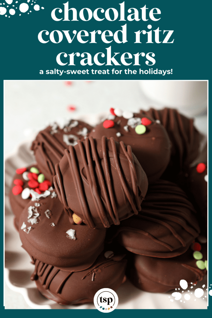 A platter of decorated Chocolate Covered Ritz Cookies on light green surface with the text chocolate covered ritz crackeres a salty sweet treat for the holidays