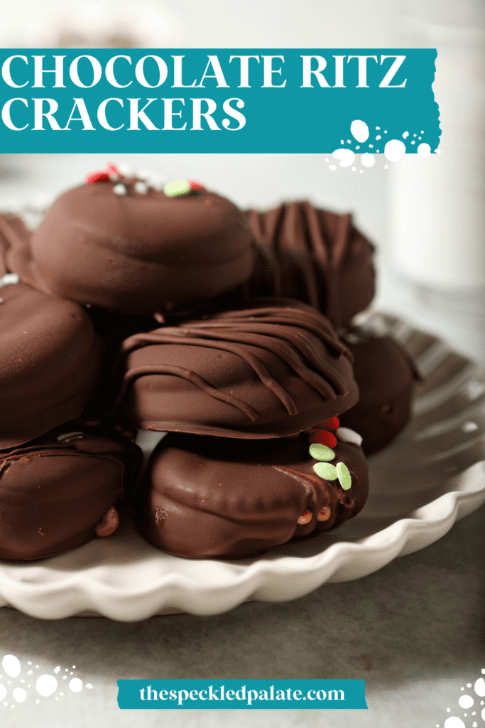 A platter of decorated Chocolate Covered Ritz Cookies on light green surface with the text chocolate ritz crackers