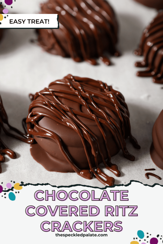 Drizzled chocolate on top of Chocolate Covered Ritz Crackers on a parchment-lined sheet pan with the text chocolate covered ritz crackers