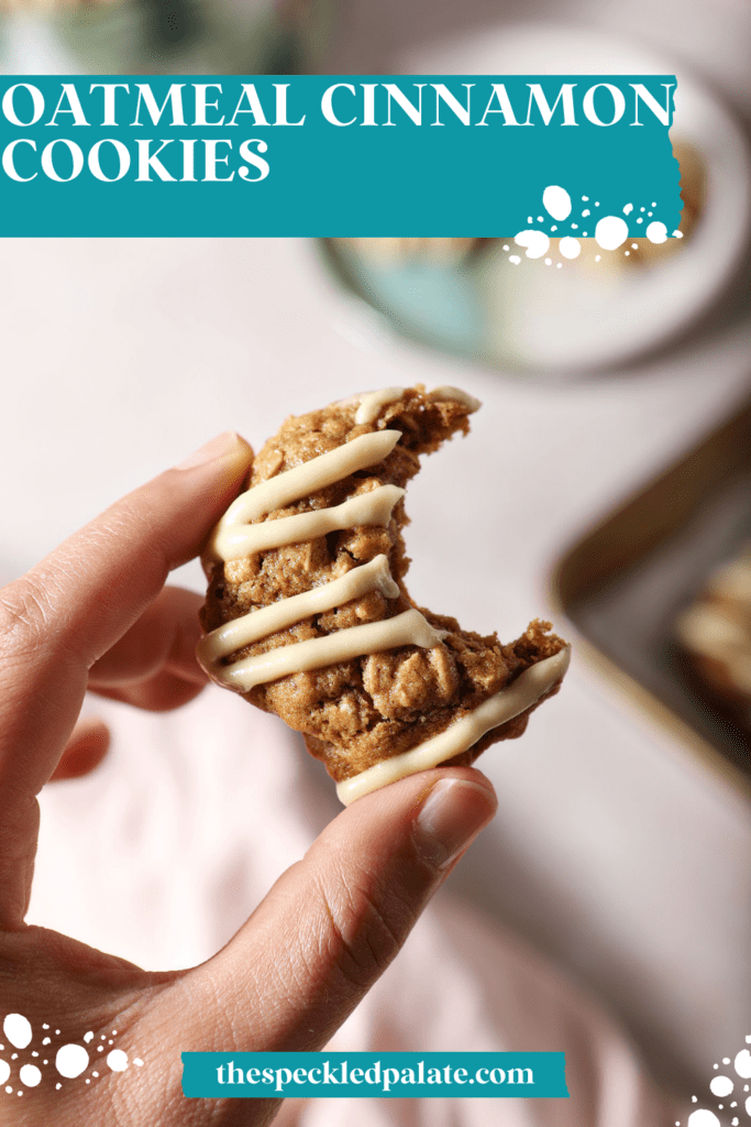 A bitten-into Oatmeal Cookie held in a hand above a stone surface with a plate of cookies with the text oatmeal cinnamon cookies