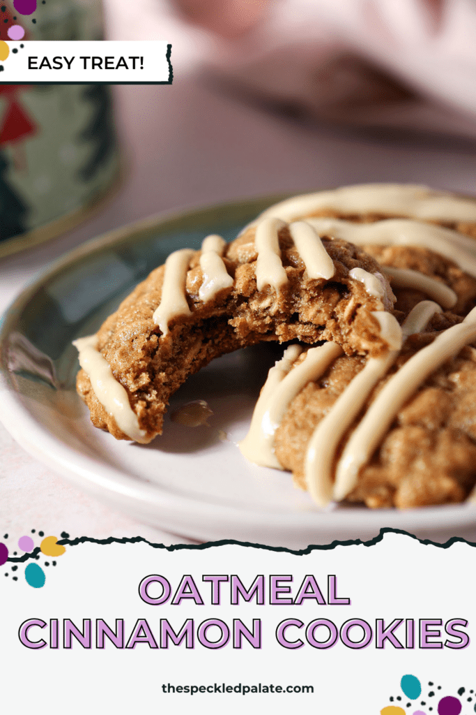 A bitten into Cinnamon Oatmeal Cookie on a plate with two others next to a Christmas tree cookie tin and a pink linen with the text oatmeal cinnamon cookies