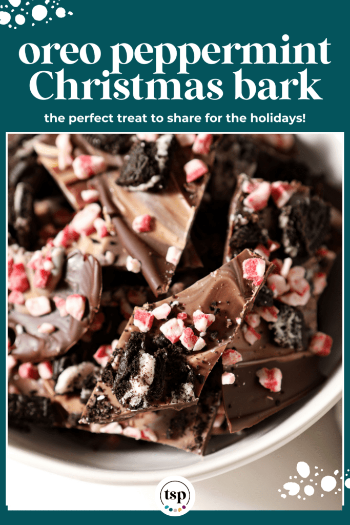 A bowl of cut up Oreo Peppermint Bark with the text oreo peppermint christm,as bark the perfect treat to share for the holdiays