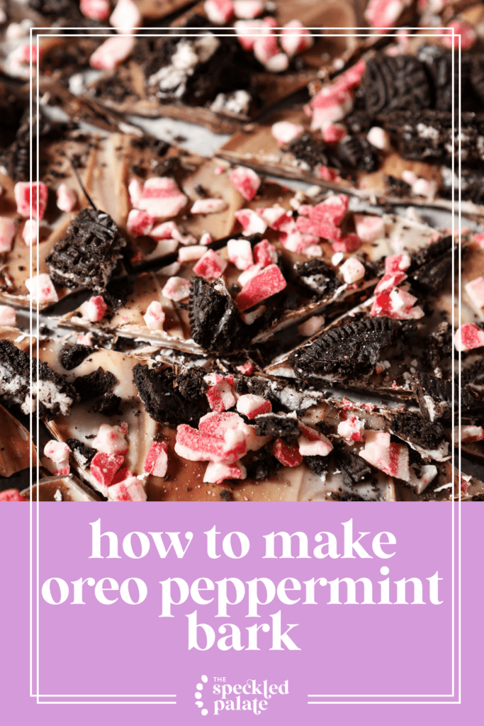 Close up of cut Christmas Oreo Peppermint Bark with the text how to make oreo peppermint bark