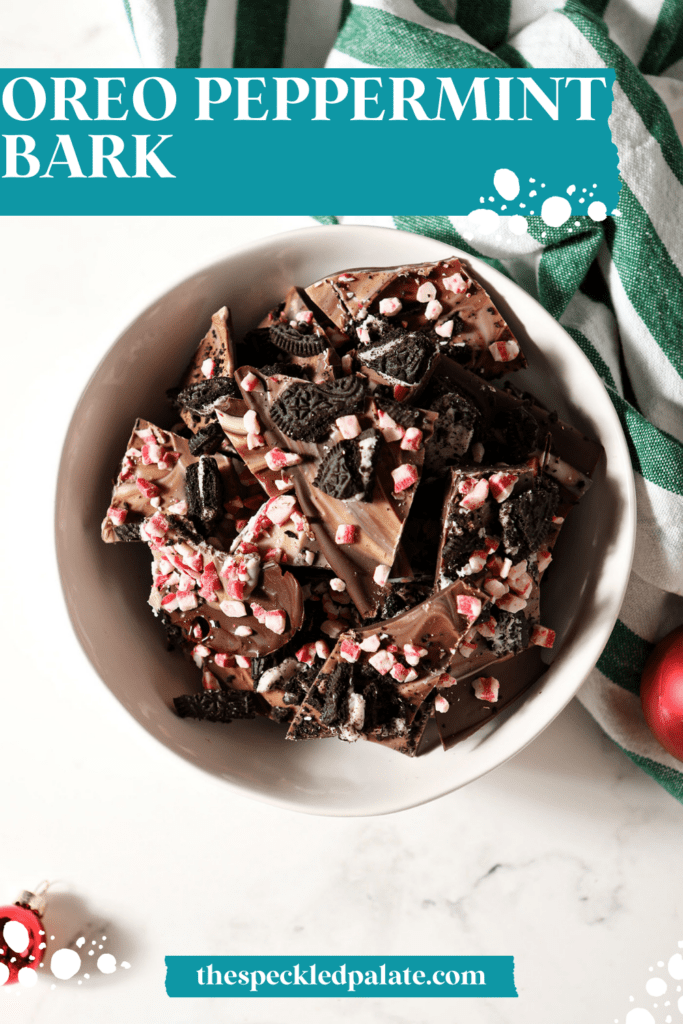 a bowl of christmas bark with the text oreo peppermint bark