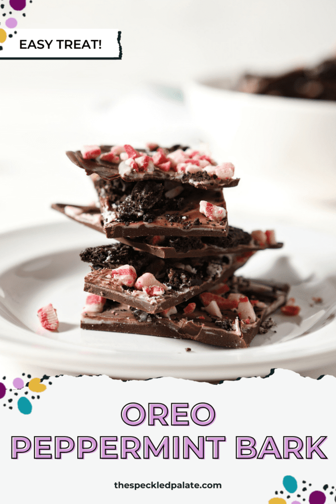 Stacked pieces of christmas Bark on a white plate with the text oreo peppermint bark