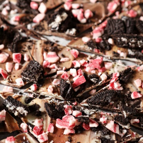 Close up of cut Christmas Oreo Peppermint Bark