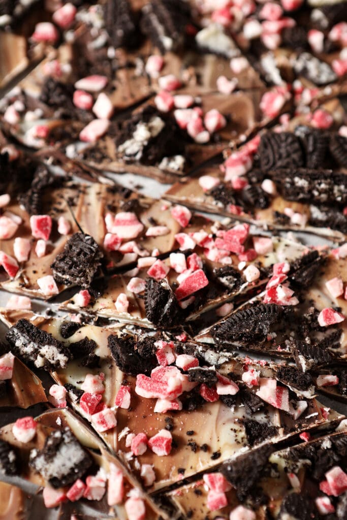 Close up of cut Christmas Oreo Peppermint Bark