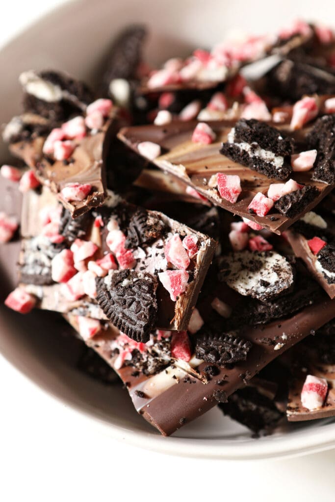 A bowl of cut up Oreo Peppermint Bark