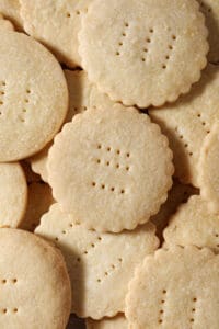 Close up of stacked round shortbread cookies