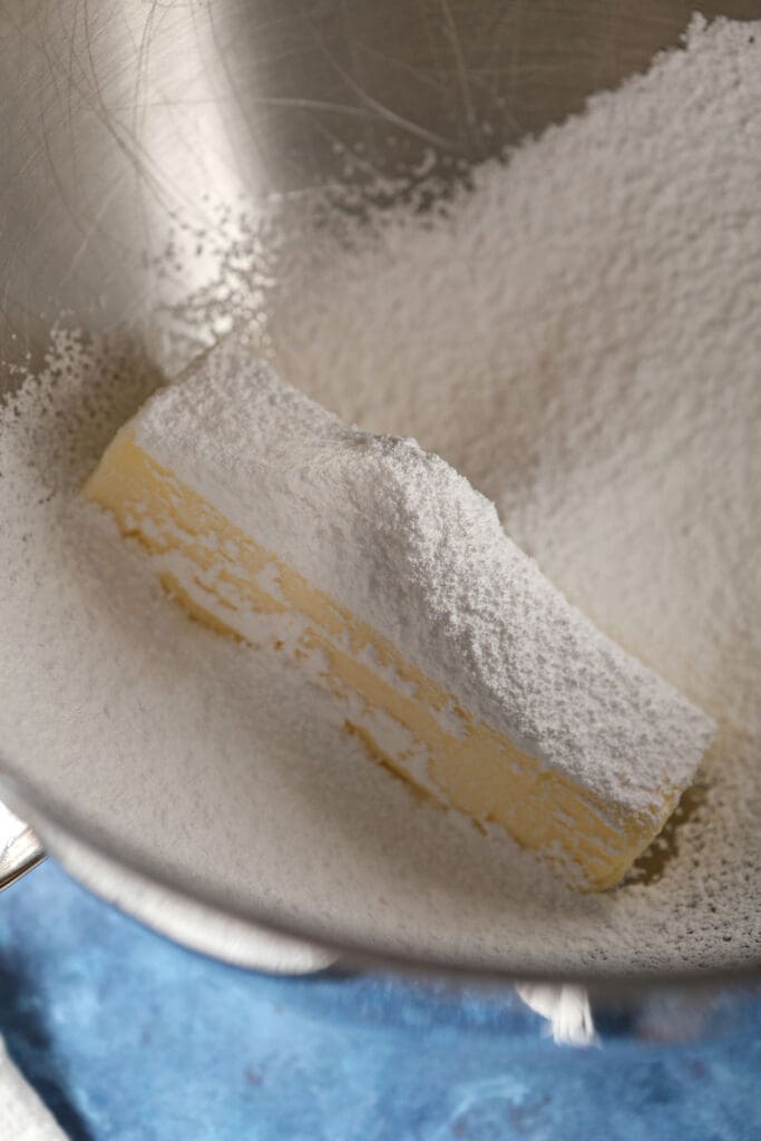 Butter and powdered sugar in a metal bowl before creaming