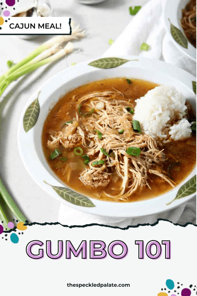 a bowl of shredded chicken and sausage gumbo with rice with the text gumbo 101