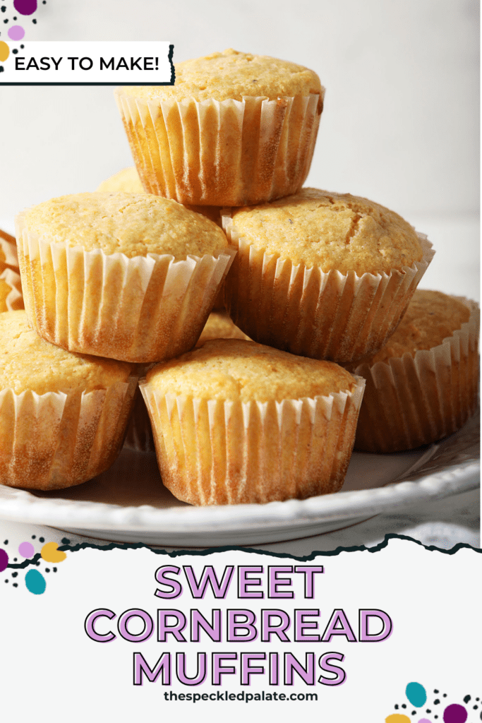 a stack of corn muffins on a white plate with the text sweet cornbread muffins