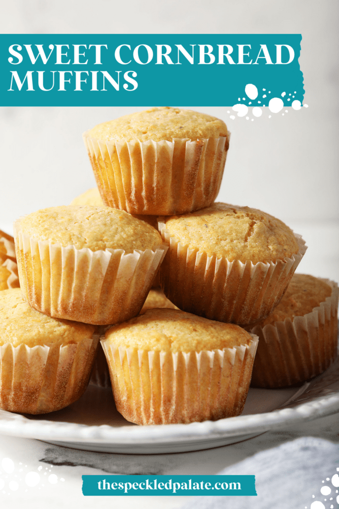 a stack of corn muffins on a white plate with the text sweet cornbread muffins