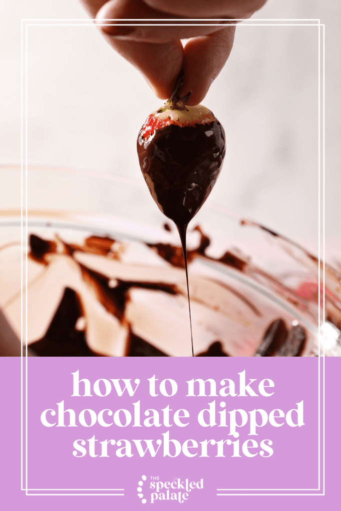 Melted chocolate drizzles off a strawberry over a bowl with the text how to make chocolate dipped strawberries