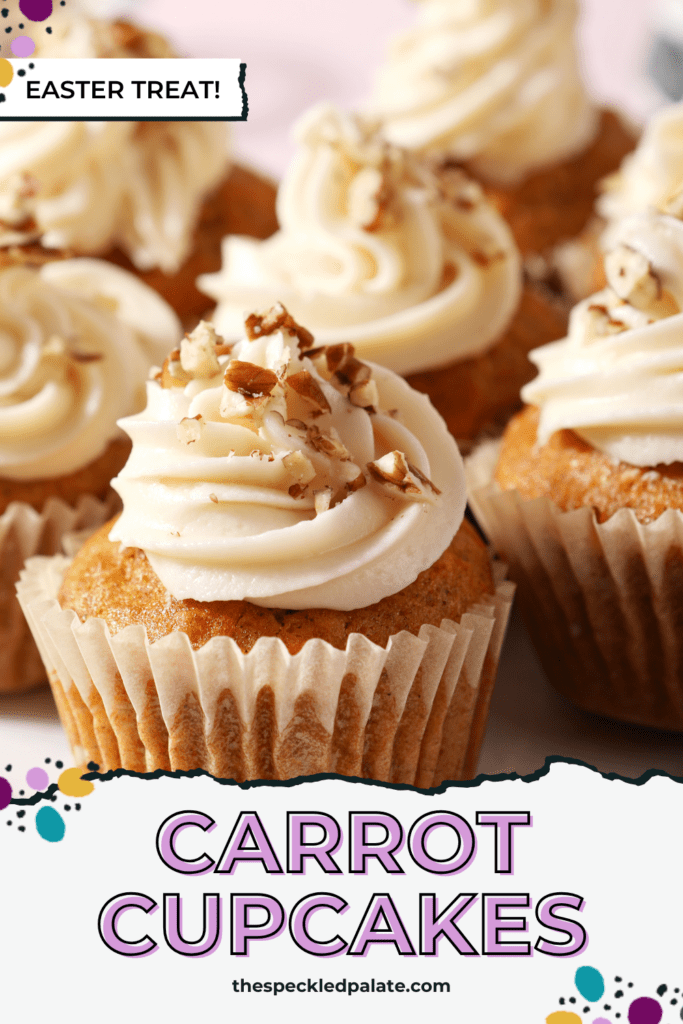 Close up of Carrot Cupcakes on a white plate topped with frosting and chopped nuts with the text Carrot Cupcakes