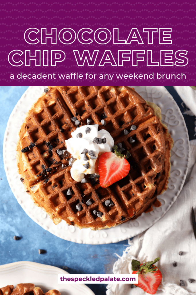 overhead of a waffle topped with whipped cream, chocolate chips and strawberries on a white plate with the text chocolate chip waffles a decadent waffle for any weekend brunch