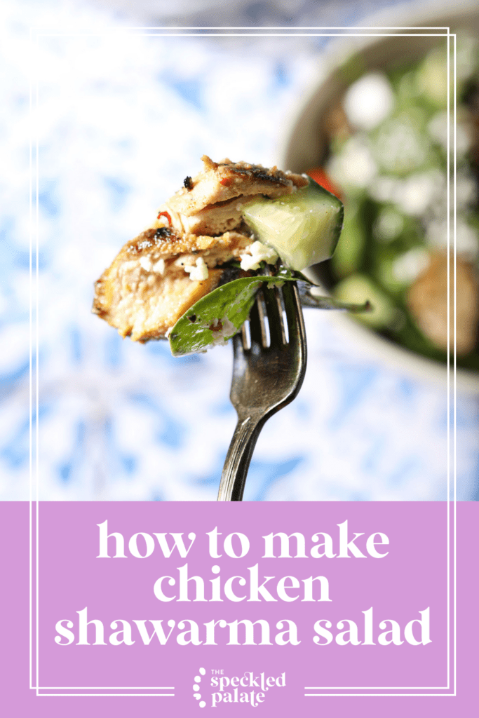 A fork holds a large bite of shawarma salad over a blue and white tiled surface with the text how to make chicken shawarma salad