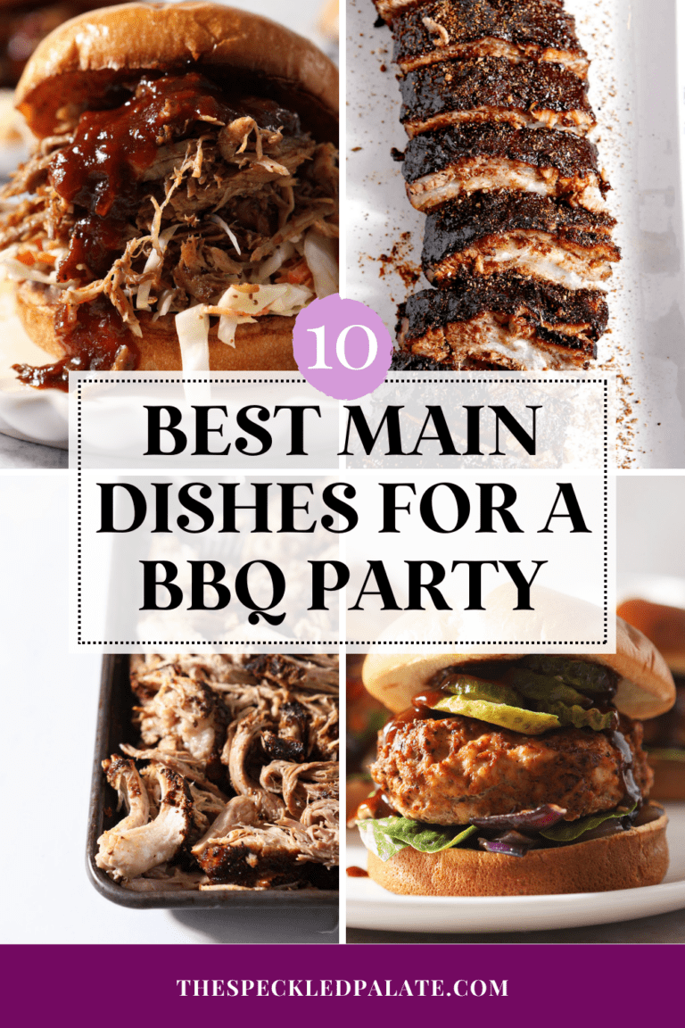 a collage of four images showing different bbq entrees with the text 10 best main dishes for a bbq party