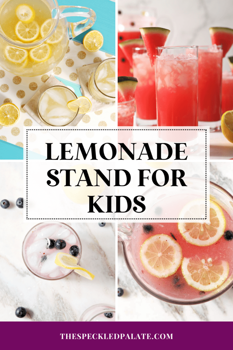 a collage of four images of glasses of lemonade with the text lemonade stand for kids