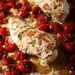 Roasted chicken breasts with melted mozzarella on top with roasted tomatoes on a sheet pan